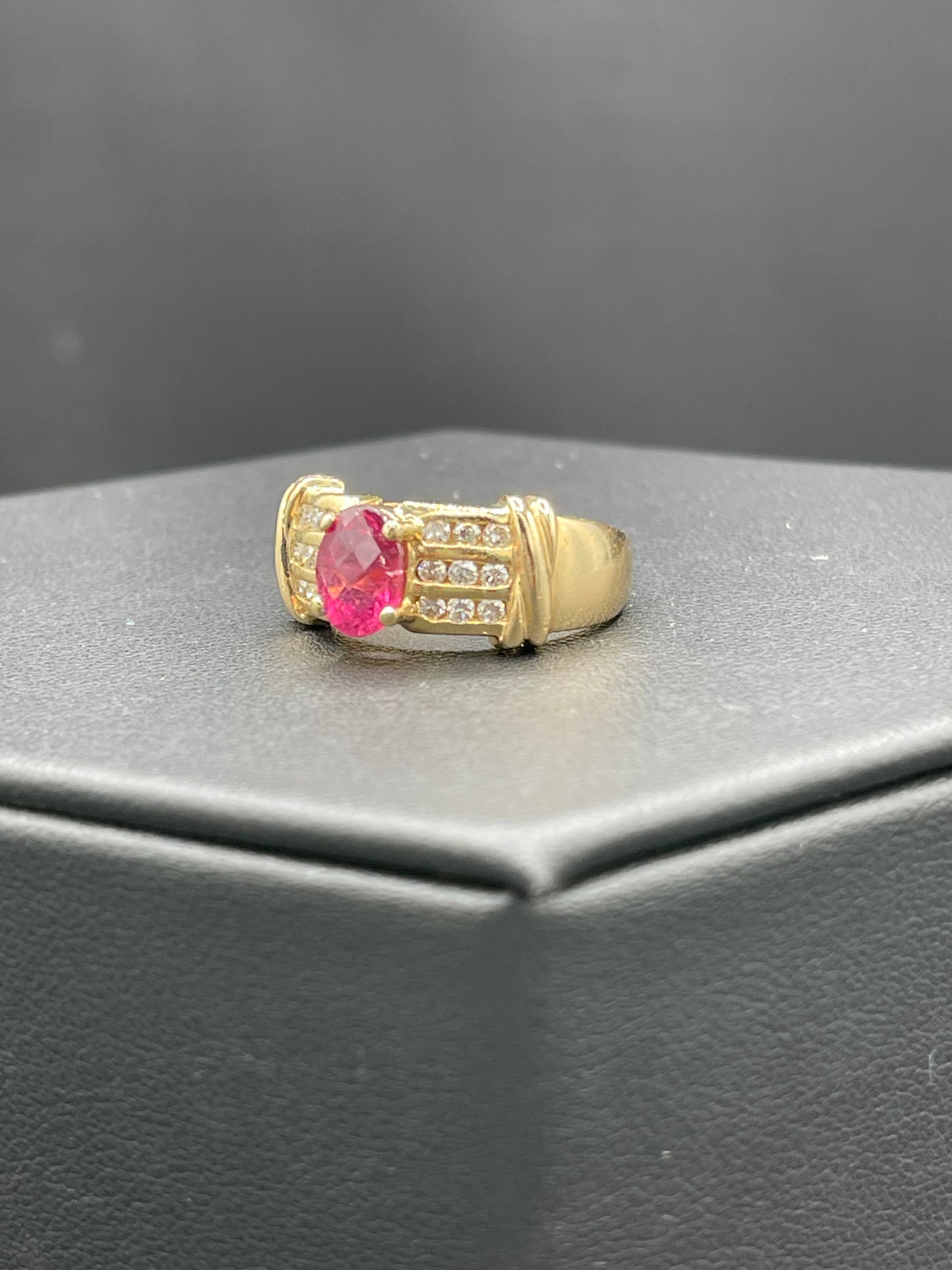 Natural Rubellite Tourmaline & Diamond 14k Yellow Gold Ring (Size 8.5)