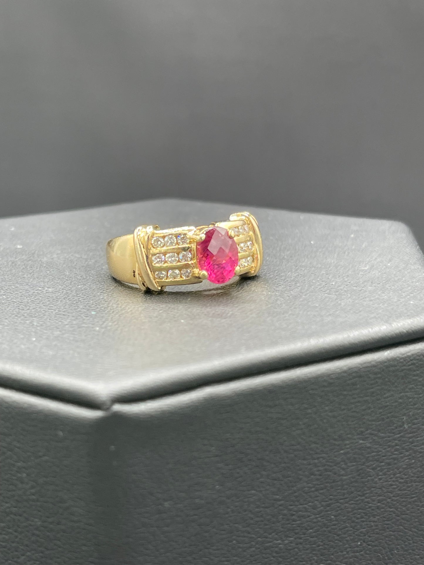 Natural Rubellite Tourmaline & Diamond 14k Yellow Gold Ring (Size 8.5)