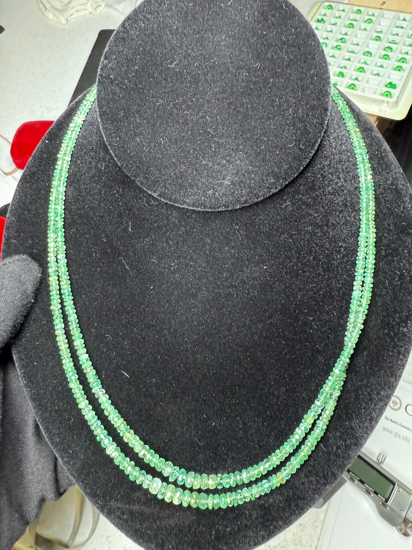 Natural Emerald Double-Strand Faceted Bead Necklace with 14K Gold Clasp | 19”