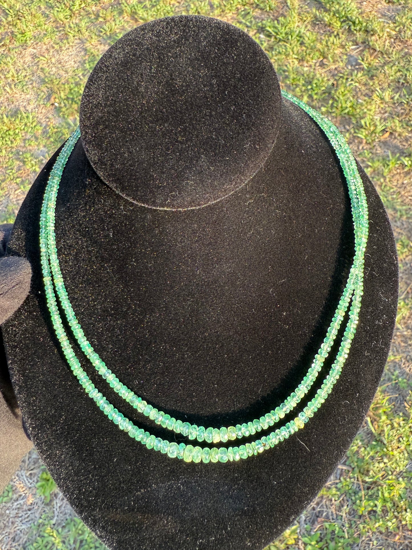 Natural Emerald Double-Strand Faceted Bead Necklace with 14K Gold Clasp | 19”