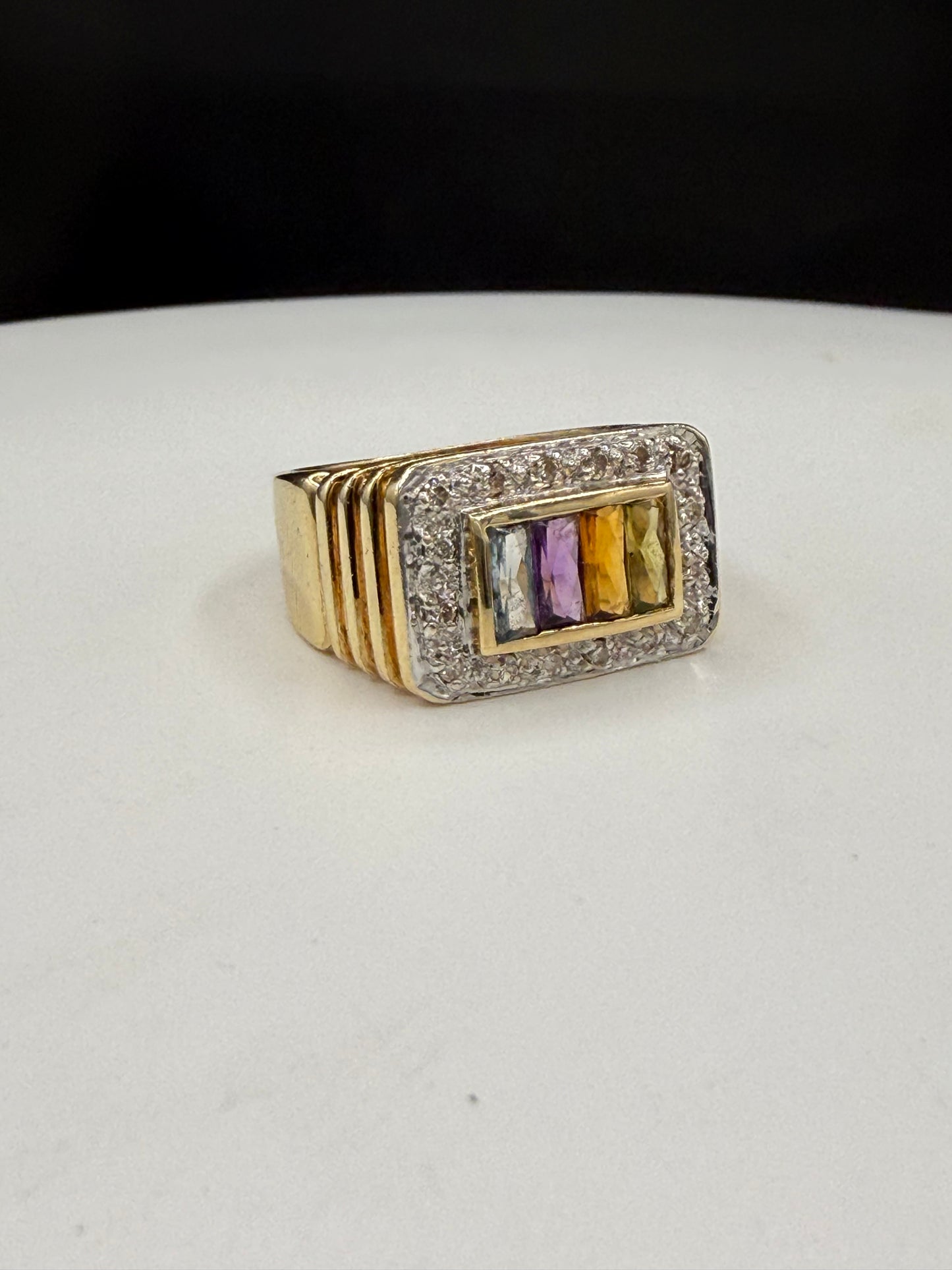 Vintage 14K Yellow Gold Multi-Gemstone & Diamond Halo Ring – Size 7.75