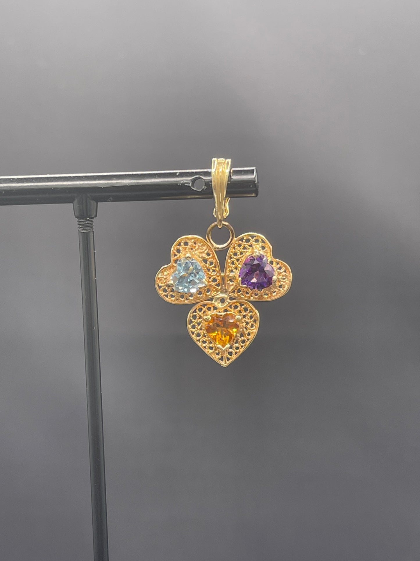 Natural Blue Topaz Amethyst Citrine Heart 14k Yellow Gold Brooch / Pendant