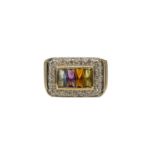 Vintage 14K Yellow Gold Multi-Gemstone & Diamond Halo Ring – Size 7.75