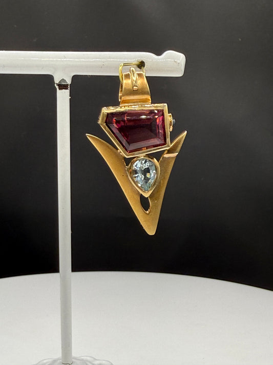 Natural Rubellite Tourmaline & Aquamarine 18K Yellow Gold Shark Tooth Pendant