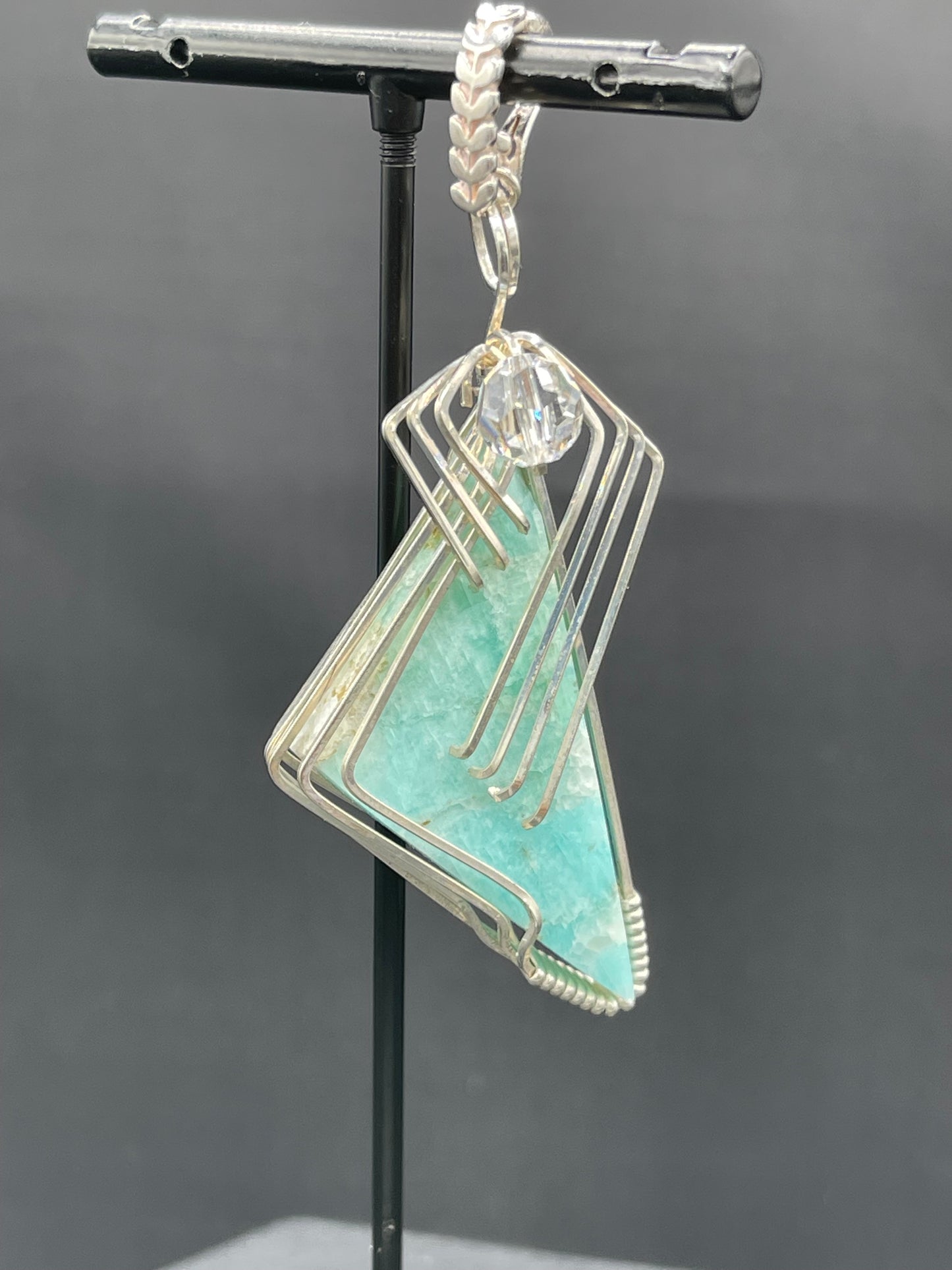 Natural Larimar & Swarovski Crystal Sterling Silver Wire Wrapped Pendant