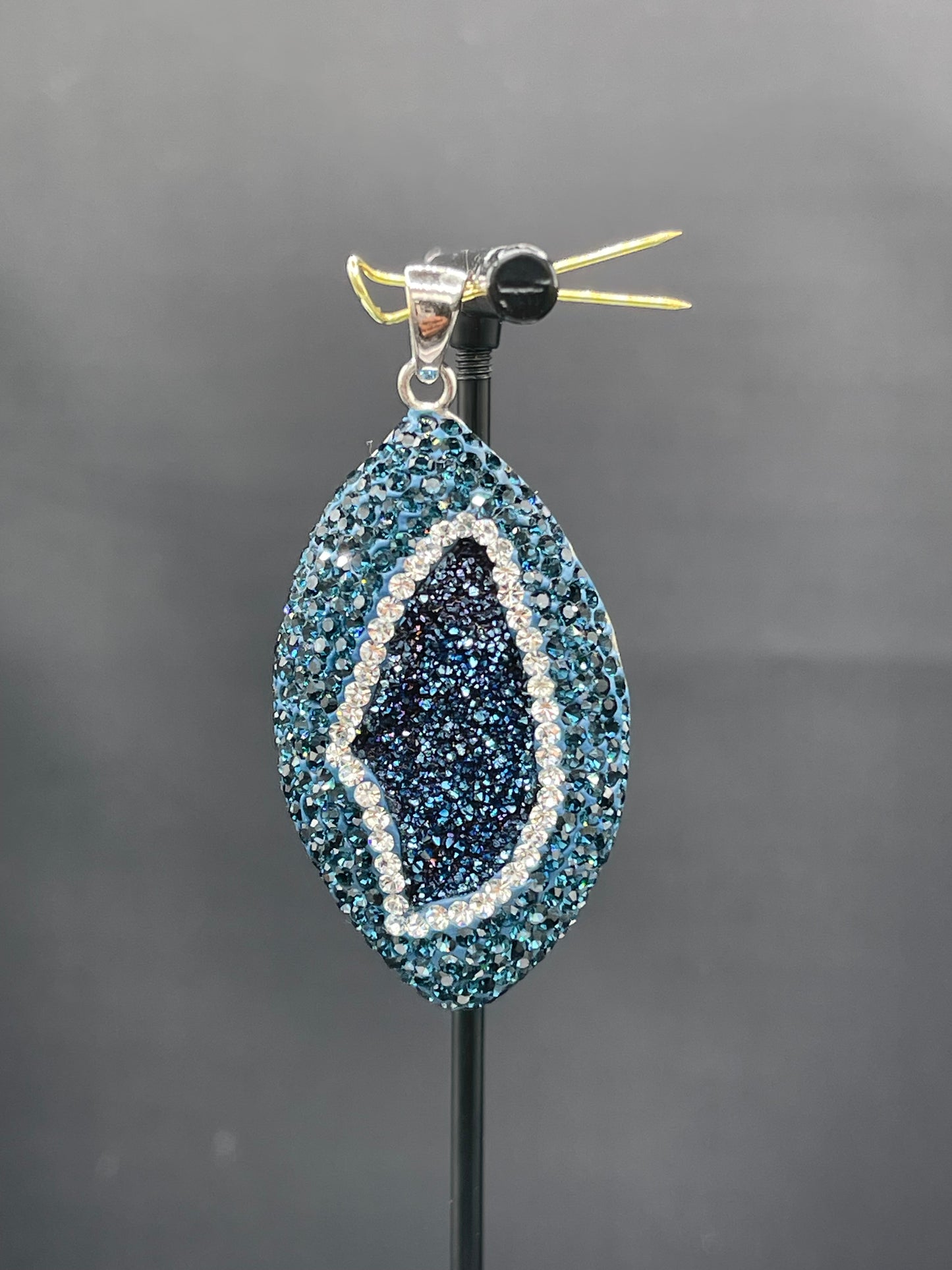 Natural Druzy Quartz & Swarovski Crystal Sterling Silver Pendant
