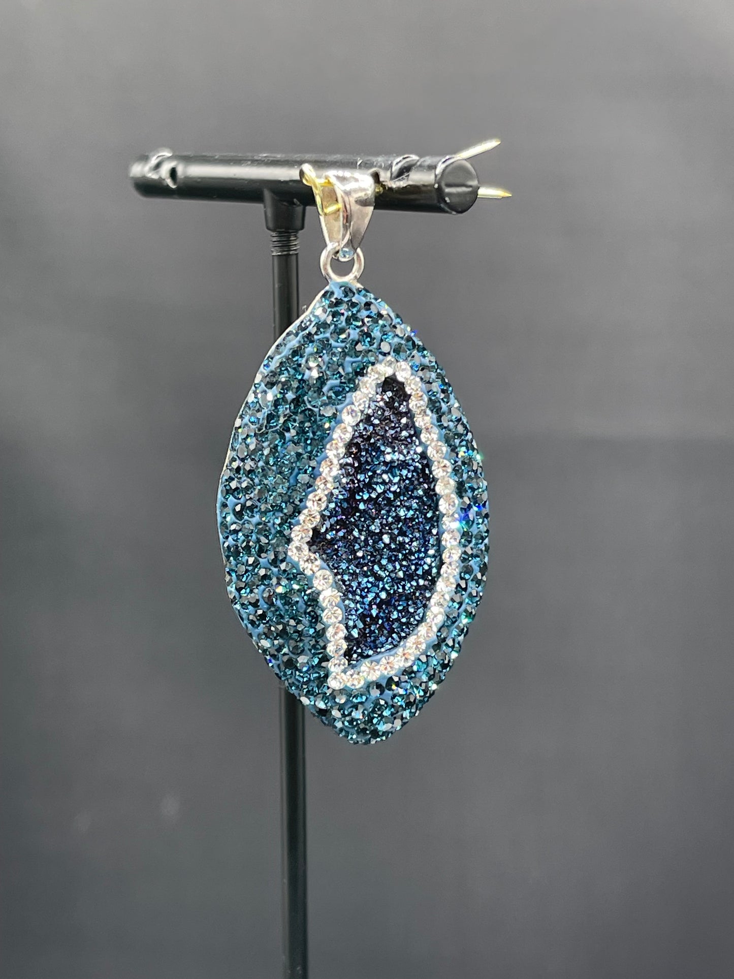Natural Druzy Quartz & Swarovski Crystal Sterling Silver Pendant