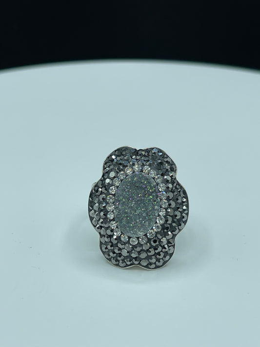 Natural Druzy Quartz & Swarovski Crystal Sterling Silver Adjustable Ring