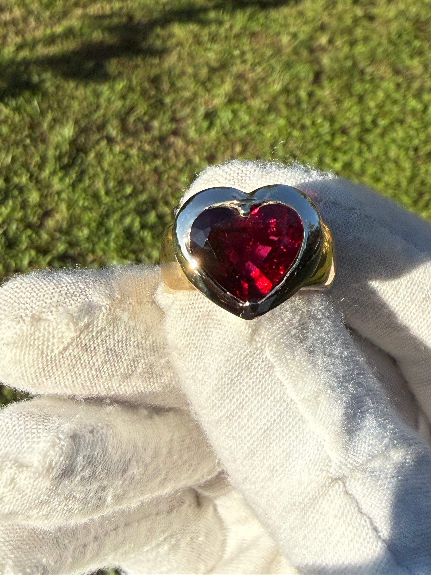 Natural Rubellite Tourmaline Heart 18k Yellow + White Gold Ring | 5.63 Carats | Size 7.25