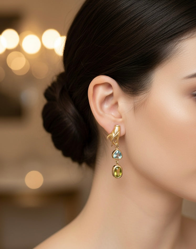 Solid 14k Yellow Gold Hand Blue Topaz & Peridot Dangle Earrings