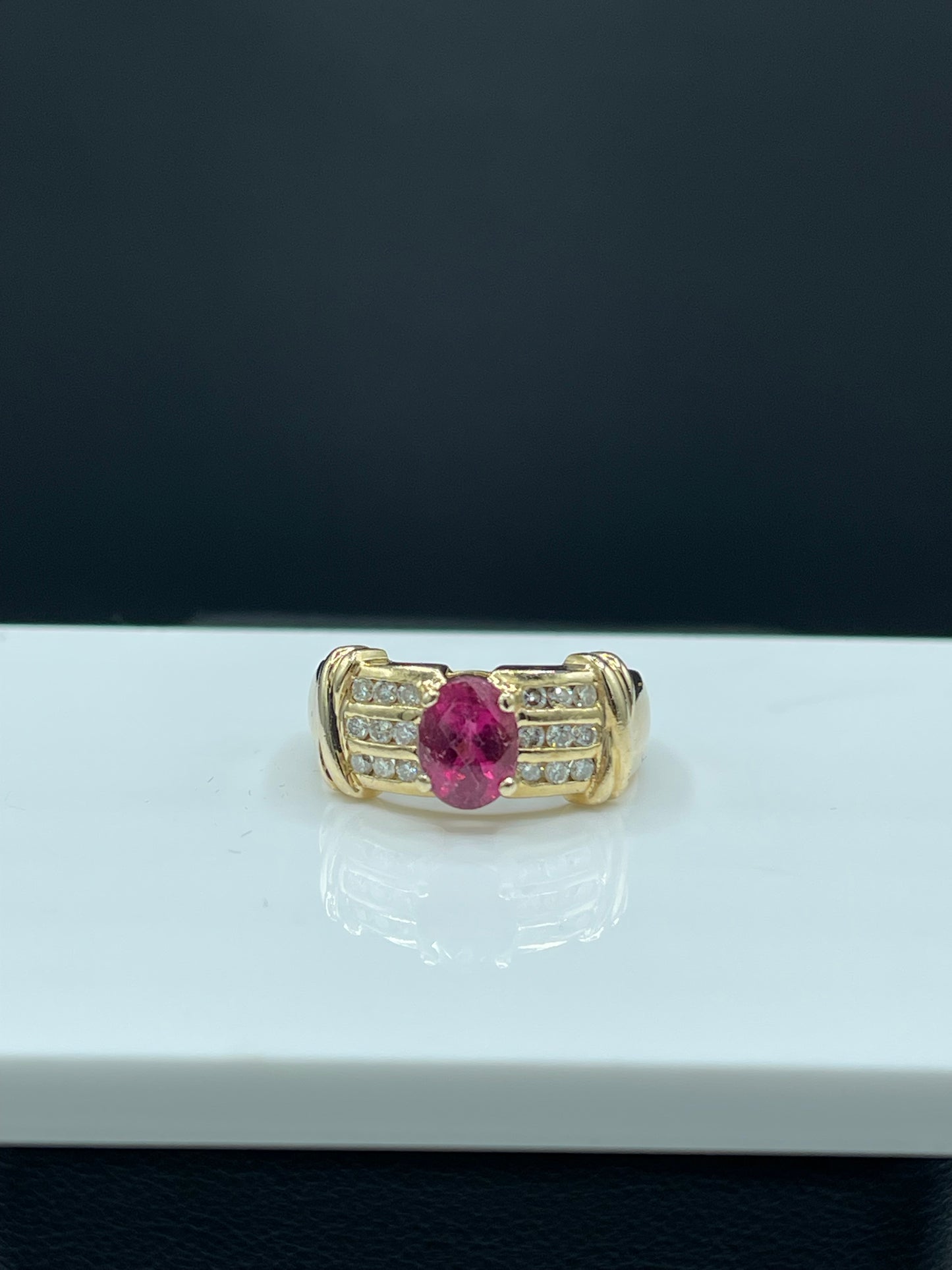 Natural Rubellite Tourmaline & Diamond 14k Yellow Gold Ring (Size 8.5)