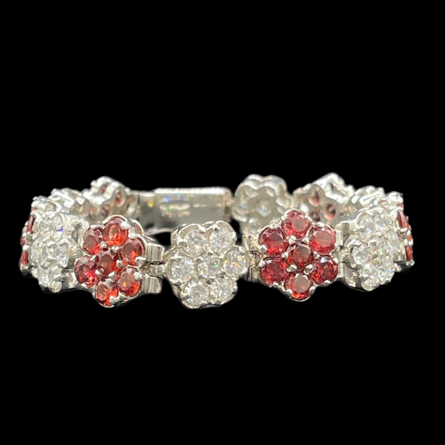 Natural Garnet & Cubic Zirconia Sterling Silver Floral Bracelet