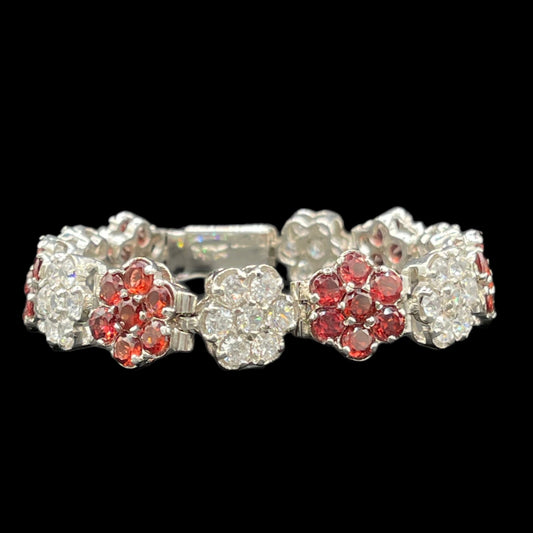 Natural Garnet & Cubic Zirconia Sterling Silver Floral Bracelet