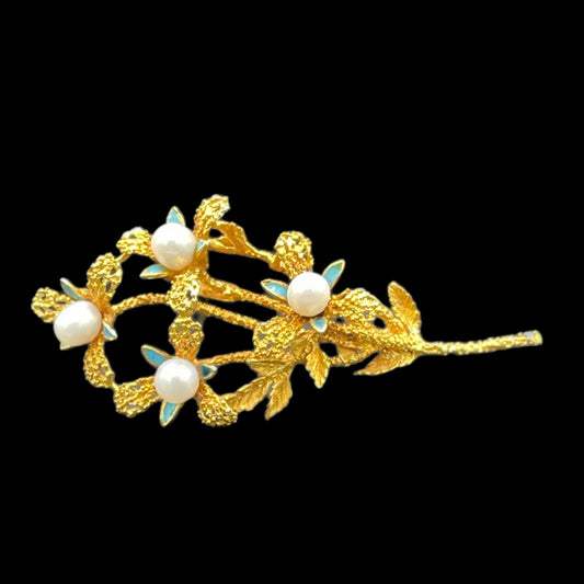 Vintage Freshwater Pearl & Turquoise 18k Yellow Gold Brooch Pin