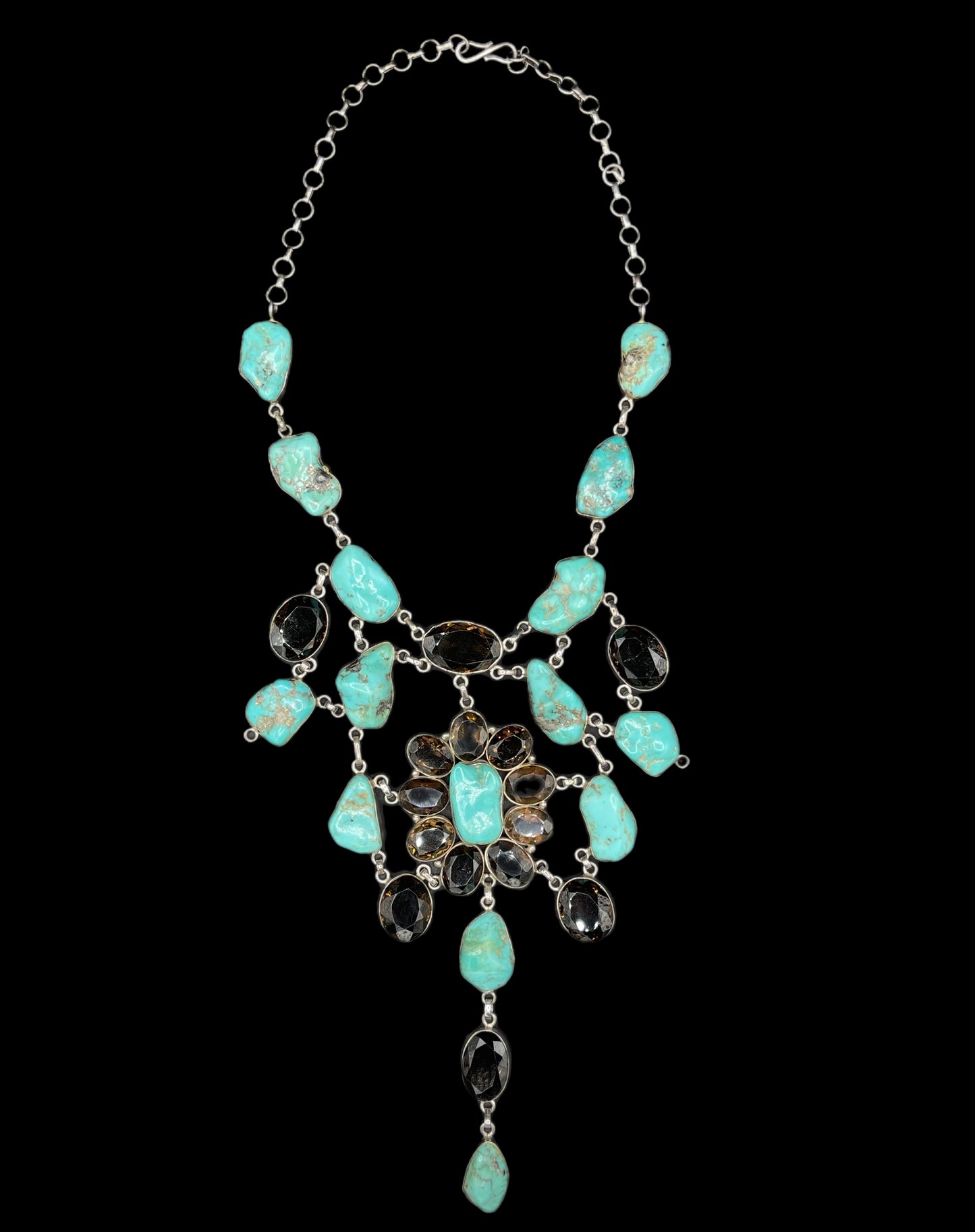 Natural Turquoise & Smokey Quartz Sterling Silver Adjustable Bib Necklace