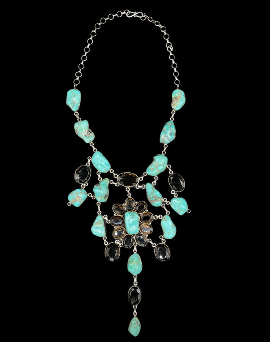 Natural Turquoise & Smokey Quartz Sterling Silver Adjustable Bib Necklace
