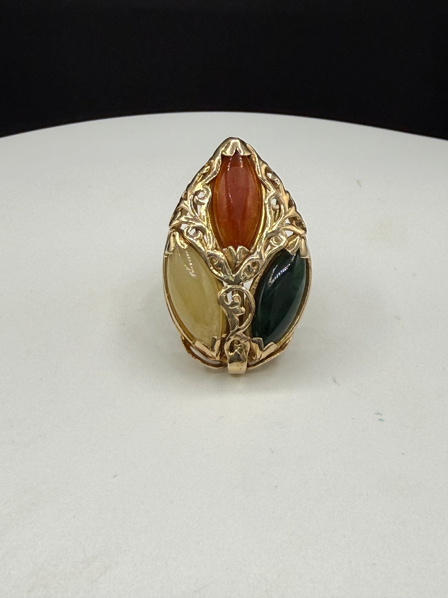 Vintage 14K Gold Natural Tri-Color Jade Cocktail Ring 3 Stone Statement Size 7