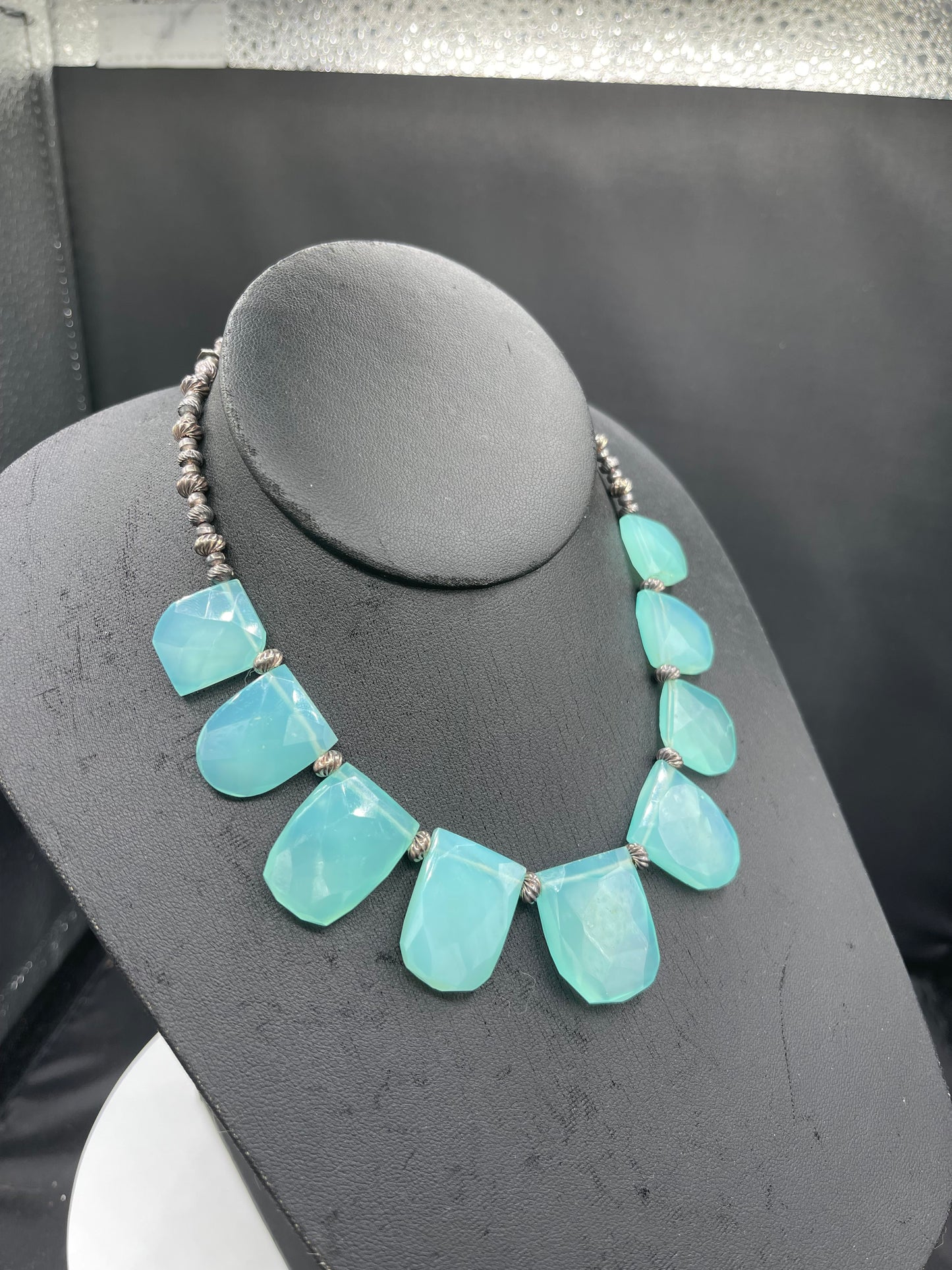 Natural Sea Foam Chalcedony Sterling Silver Choker Bib Necklace