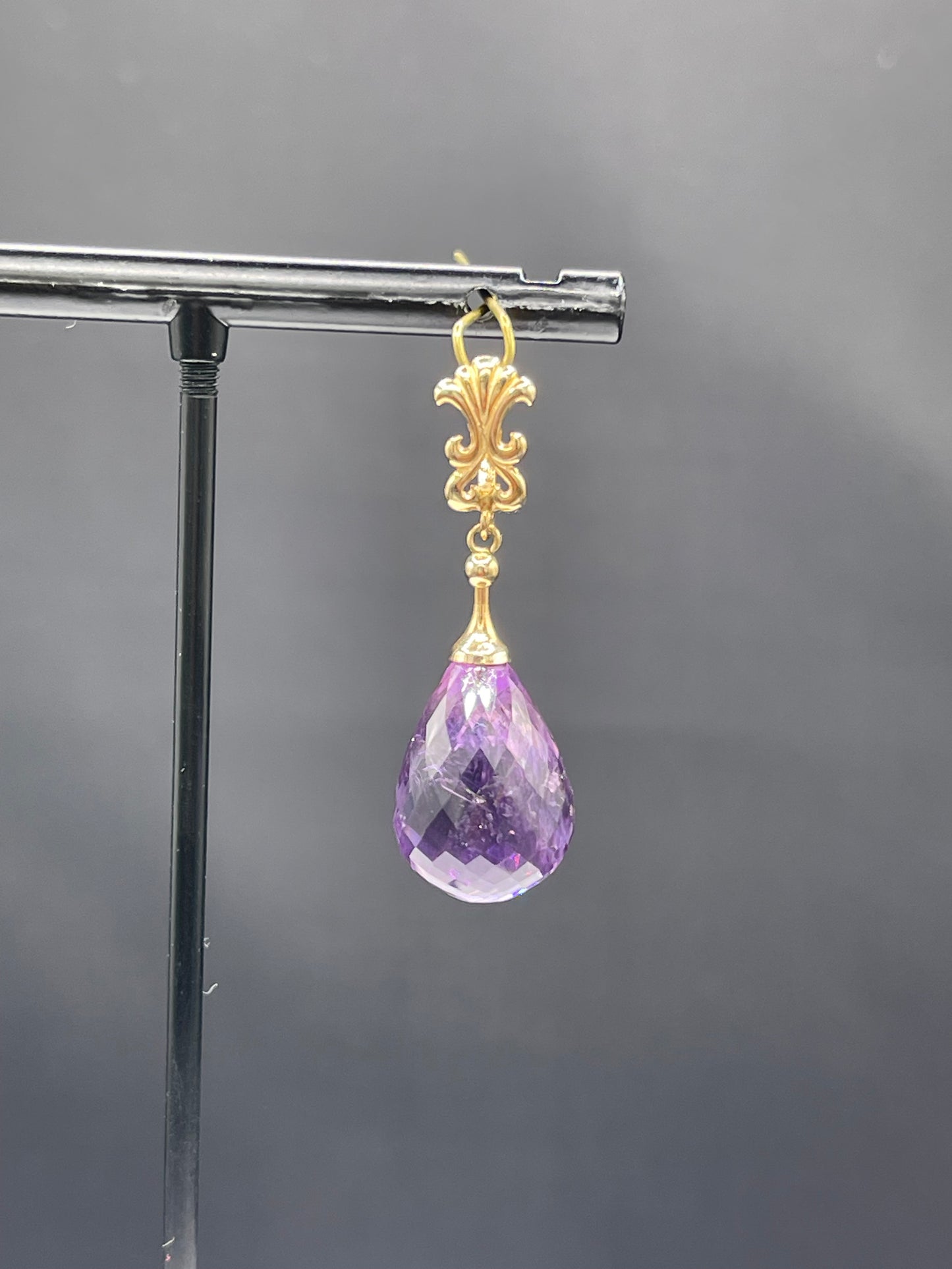 Natural Zambian Amethyst Briolette Cut 14k Yellow Gold Pendant