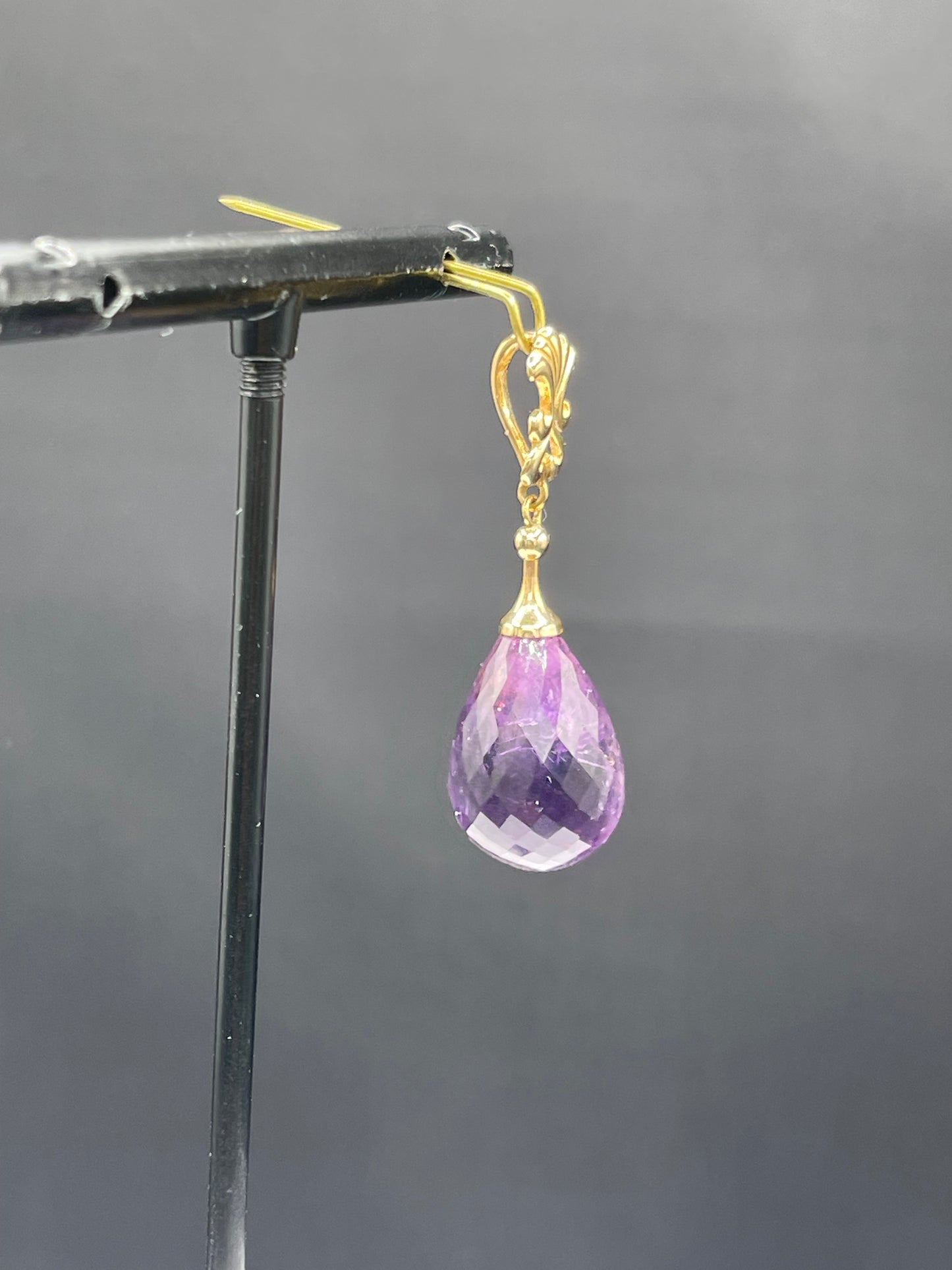 Natural Zambian Amethyst Briolette Cut 14k Yellow Gold Pendant