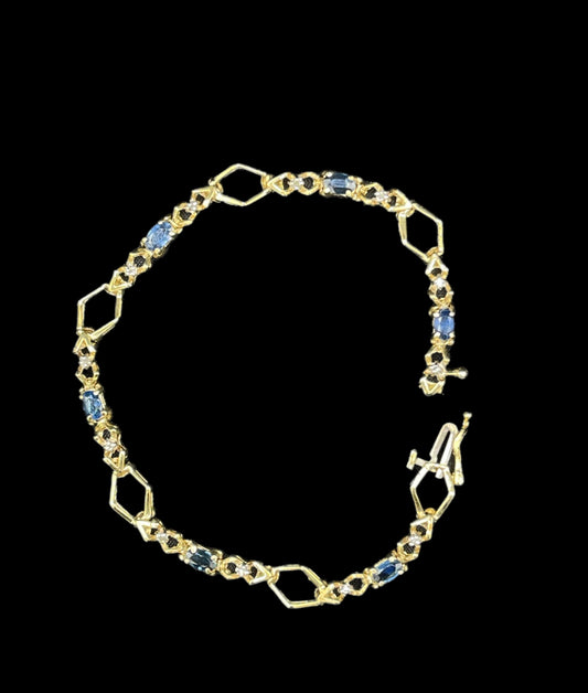 Natural Blue Ceylon Sapphire & Diamond 14k Yellow Gold Bracelet