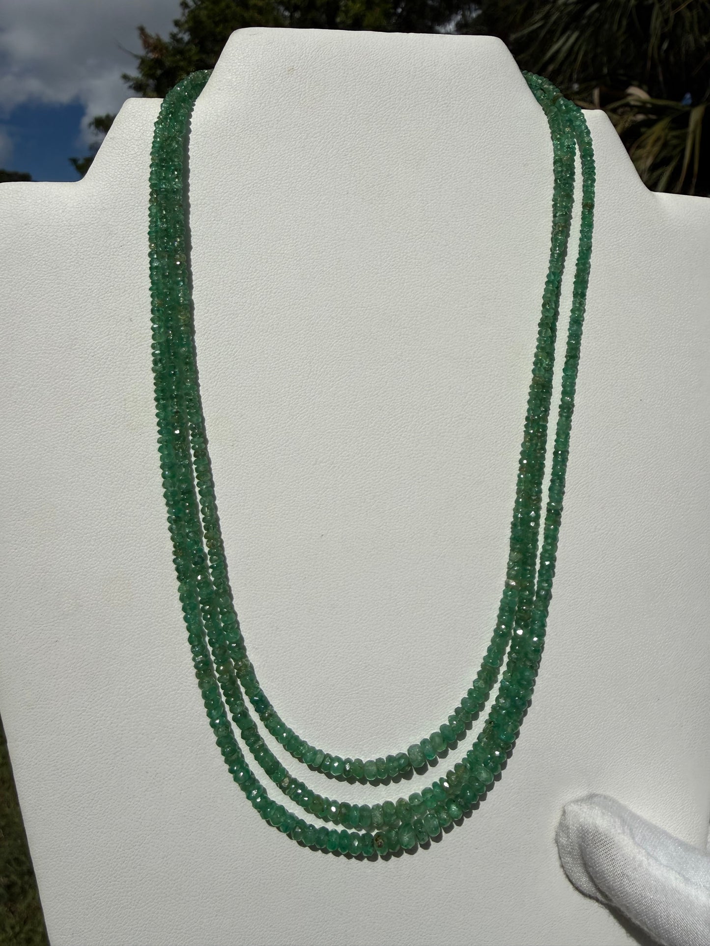 Natural Emerald 14K Gold Clasp Triple Strand Beaded Necklace