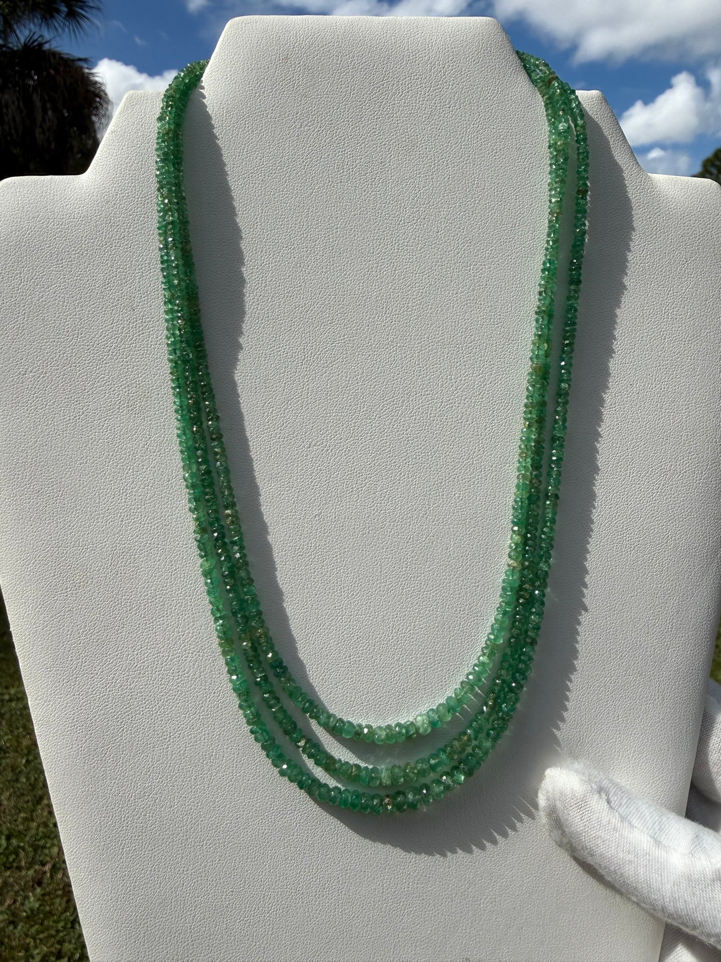 Natural Emerald 14K Gold Clasp Triple Strand Beaded Necklace