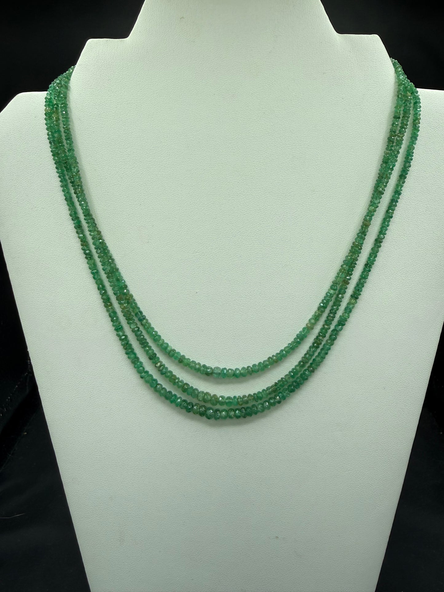 Natural Emerald 14K Gold Clasp Triple Strand Beaded Necklace