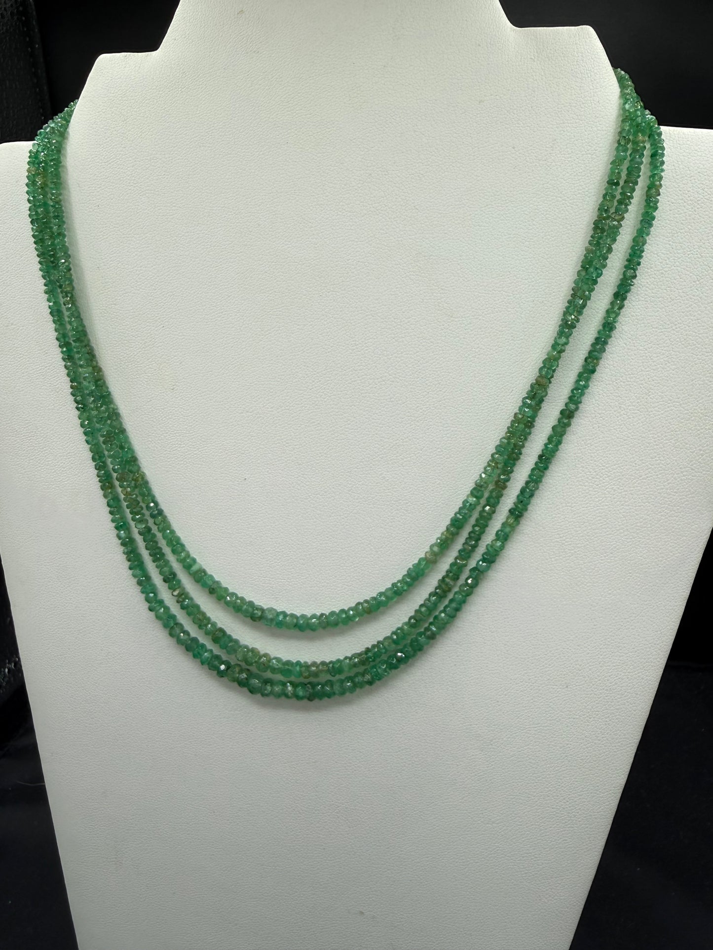 Natural Emerald 14K Gold Clasp Triple Strand Beaded Necklace