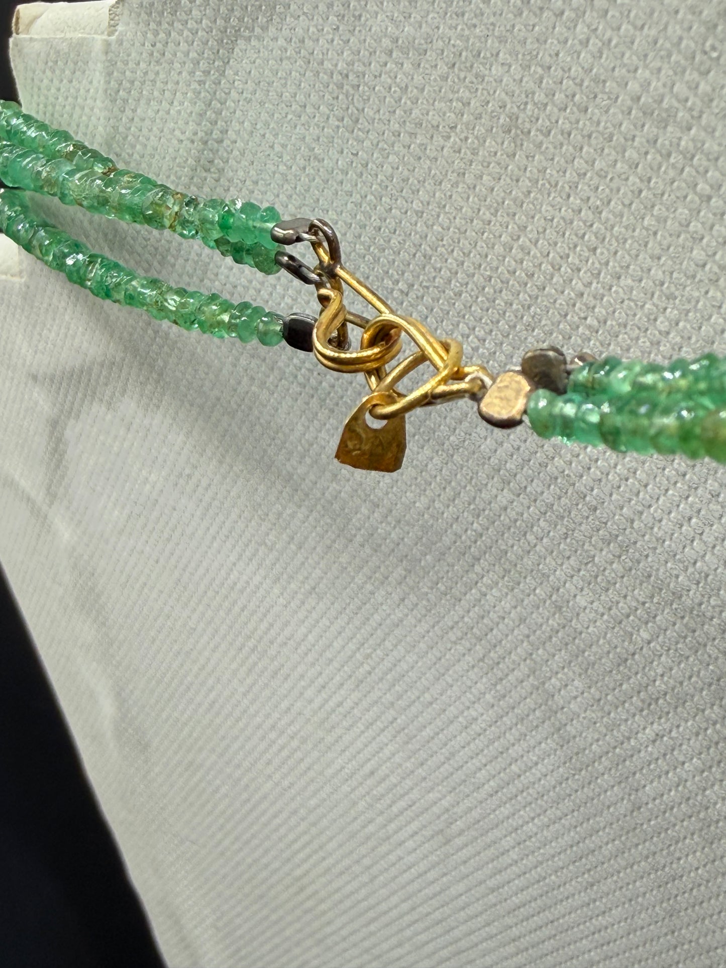 Natural Emerald 14K Gold Clasp Triple Strand Beaded Necklace
