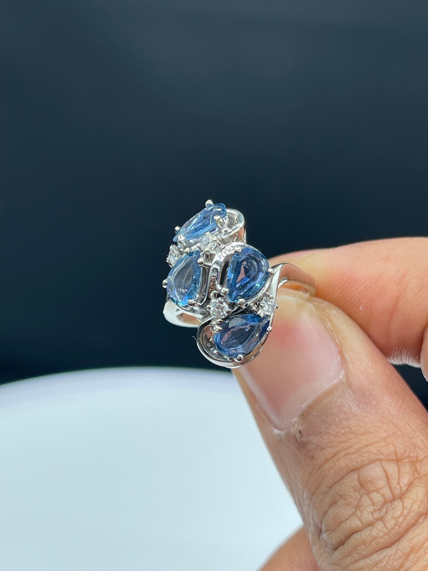 Vintage Natural Sapphire & Diamond 14k White Gold Ring (Size 7.5)