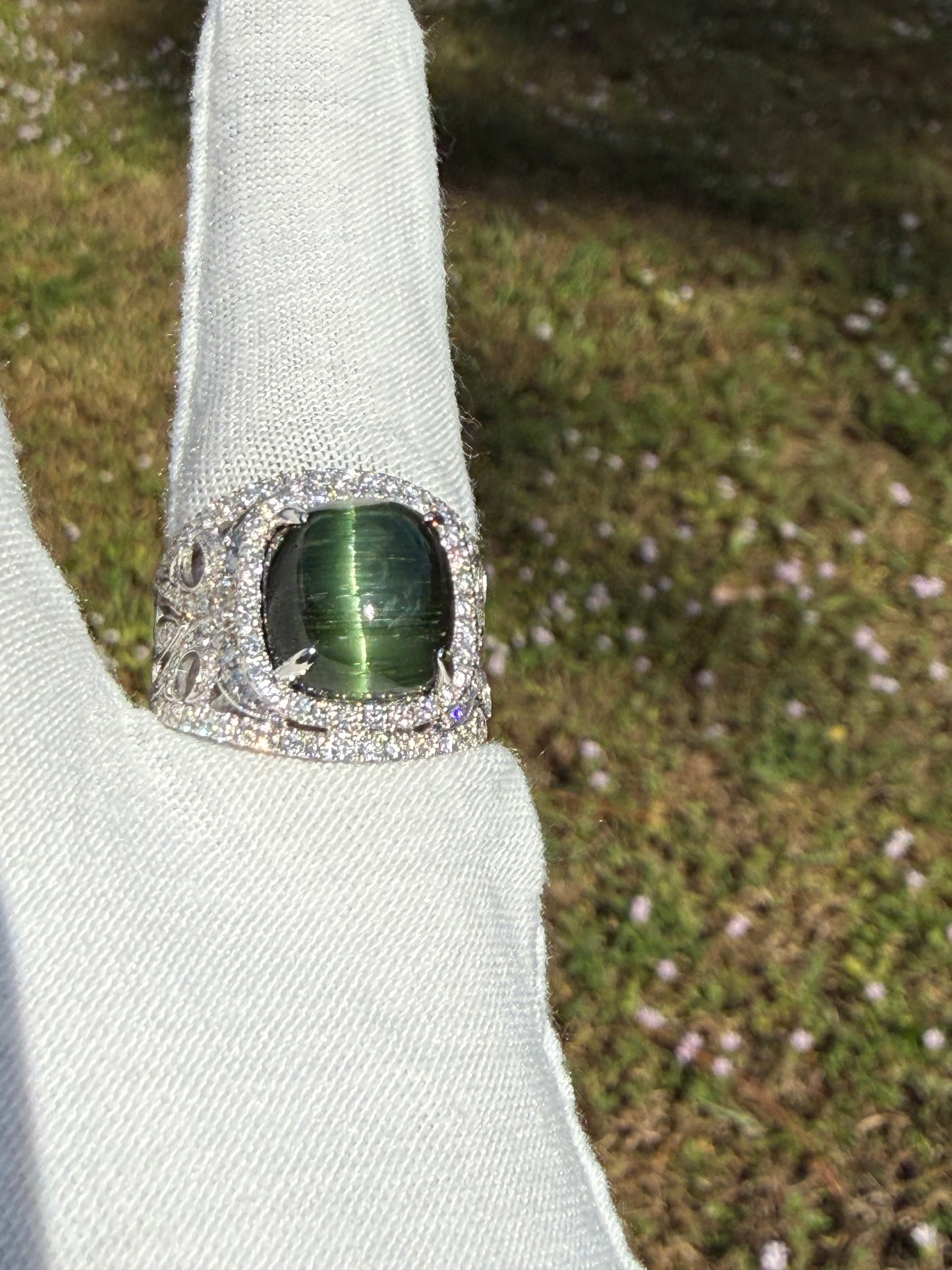 AGL Certified Natural Cat’s Eye Green Tourmaline 18k White Gold Ring | 9.18 Ct Tourmaline | 1.65 Ct Diamonds | Size 6.5