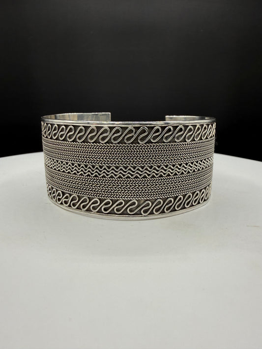 Solid Sterling Silver Bali Style Cuff Bracelet 925 | Handcrafted Indonesian Tribal Design | Wide Statement Cuff
