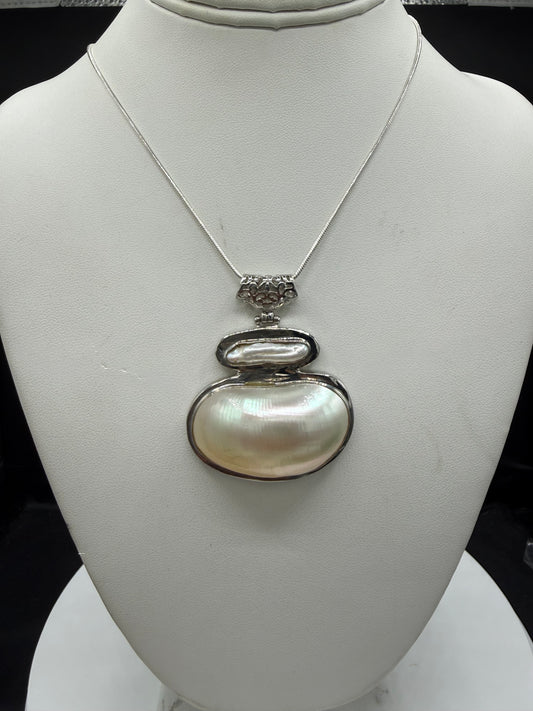 Natural Biwa Pearl & Mother of Pearl Sterling Silver Pendant Necklace • Handmade 925 • Large Statement Pearl Jewelry • 18 Inch Chain
