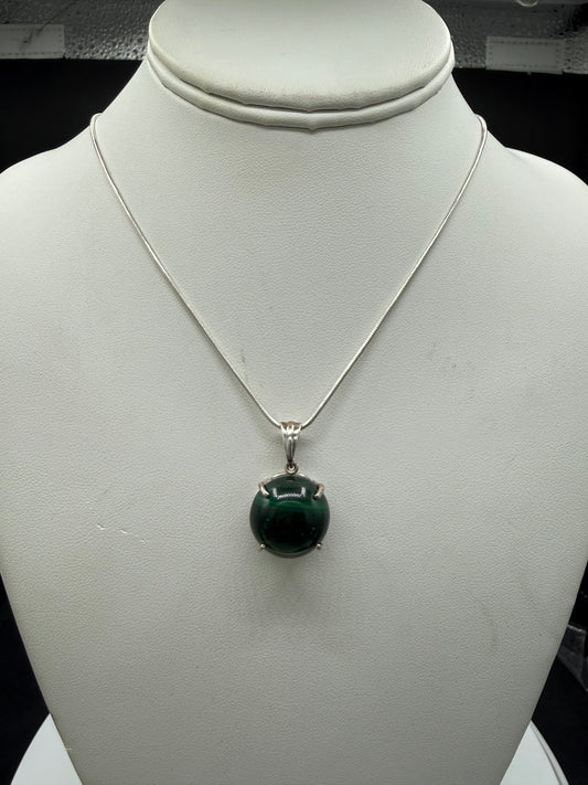 Natural Malachite Sterling Silver Pendant & Necklace | 18 Inches Length