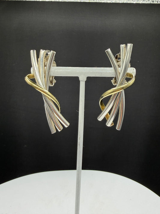 Bold Mexican Modernist Two-Tone Sterling Silver Sculptural Clip-On Earrings