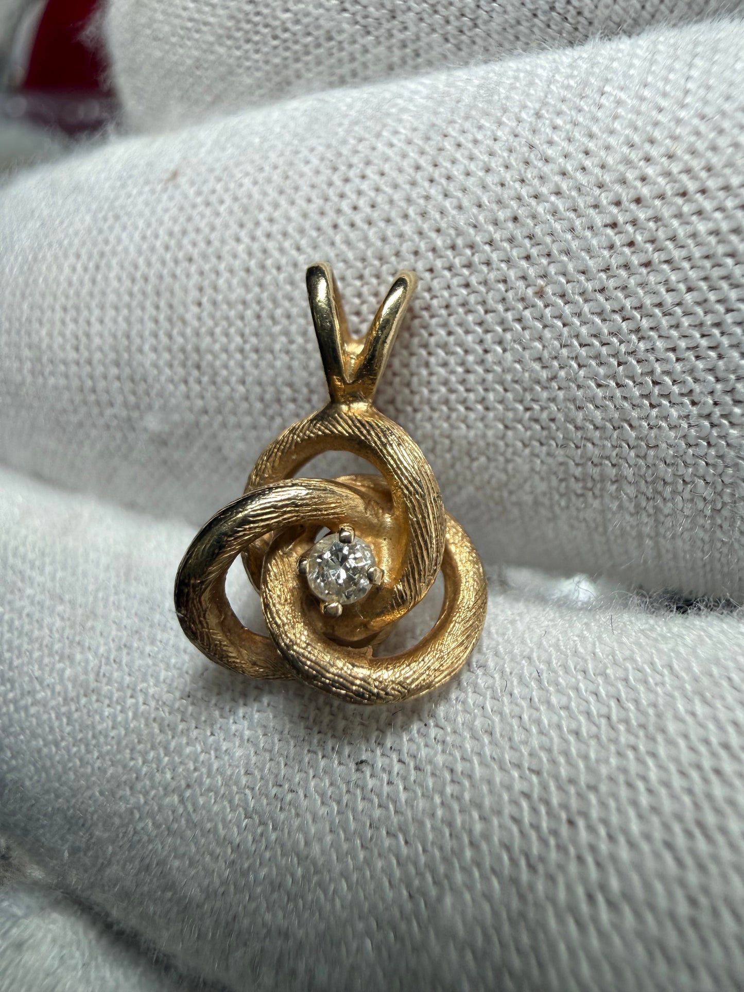 Natural Diamond 14K Yellow Gold Knot Pendant | Textured Gold Charm | Fits 2mm Chain