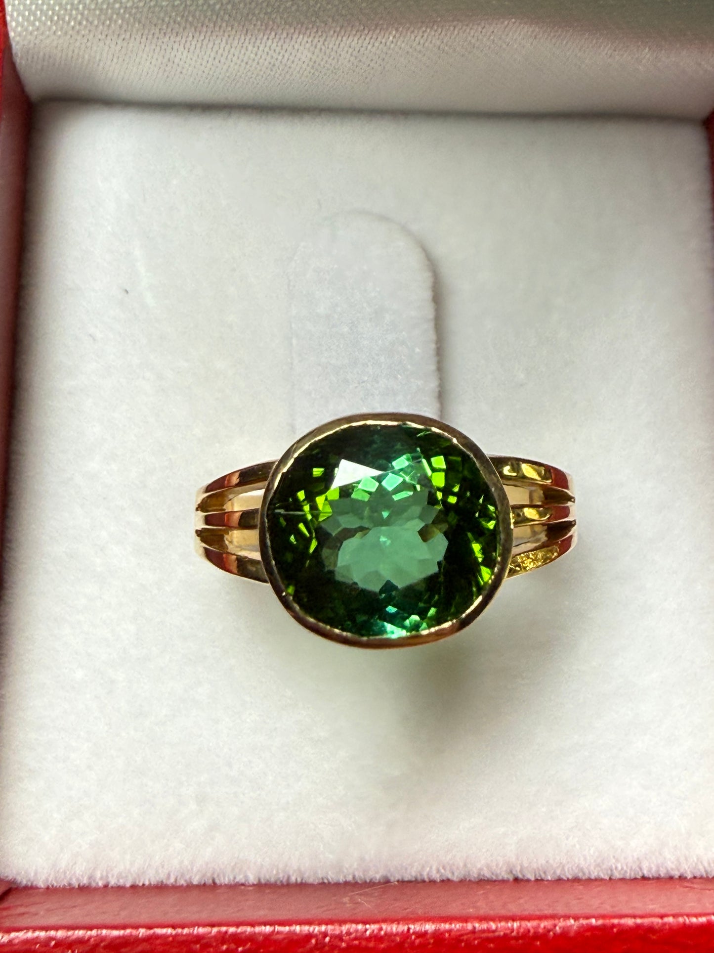 3.48 Carat Natural Chrome Tourmaline 20k Yellow Gold Ring | Custom Oval Green Gem | Size 5.5