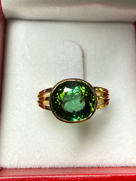 3.48 Carat Natural Chrome Tourmaline 20k Yellow Gold Ring | Custom Oval Green Gem | Size 5.5
