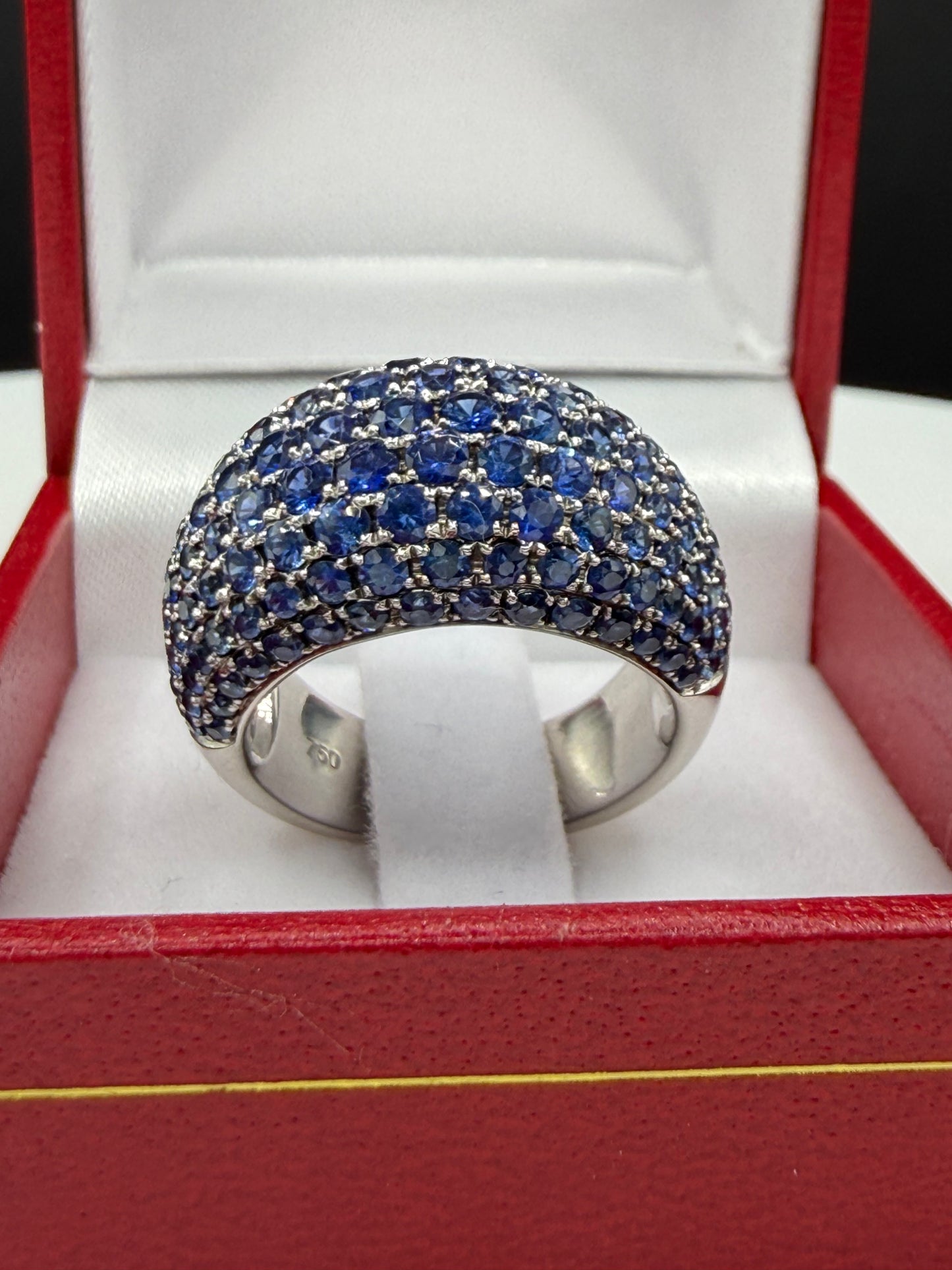 11.55 Carat Natural Blue Sapphire Cluster 18k White Gold Ring | Pavé Dome | Vintage Style Cocktail Ring | Size 7