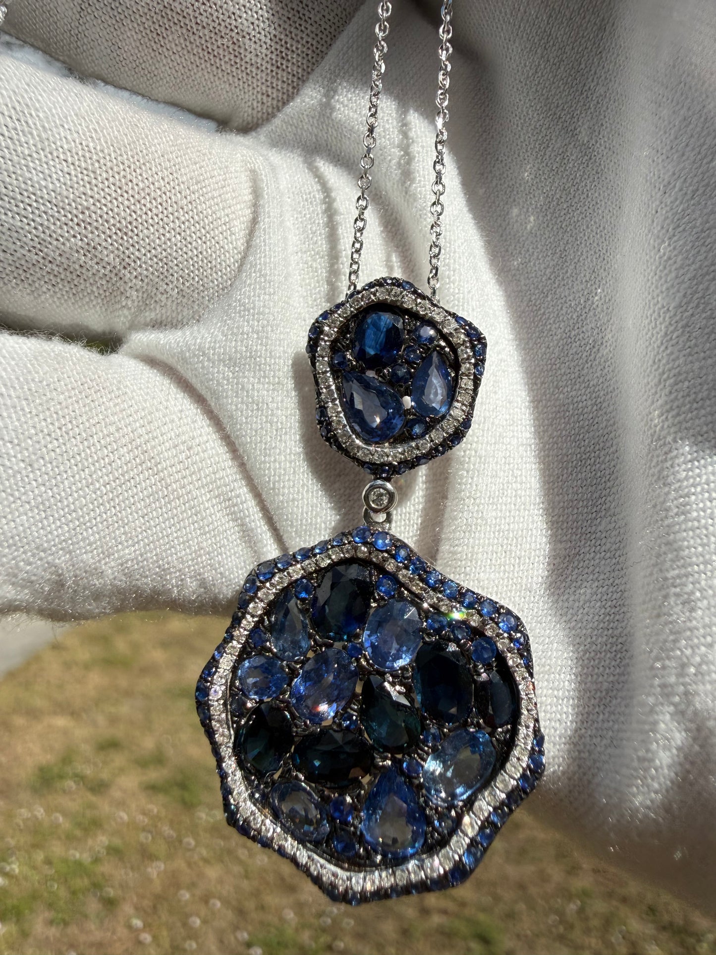 Natural Blue Sapphire & Diamond Pendant 14k White Gold Necklace | 9.40ct Sapphire + 0.36ct Diamonds