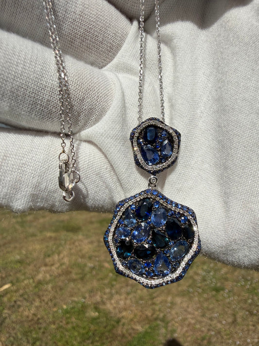 Natural Blue Sapphire & Diamond Pendant 14k White Gold Necklace | 9.40ct Sapphire + 0.36ct Diamonds
