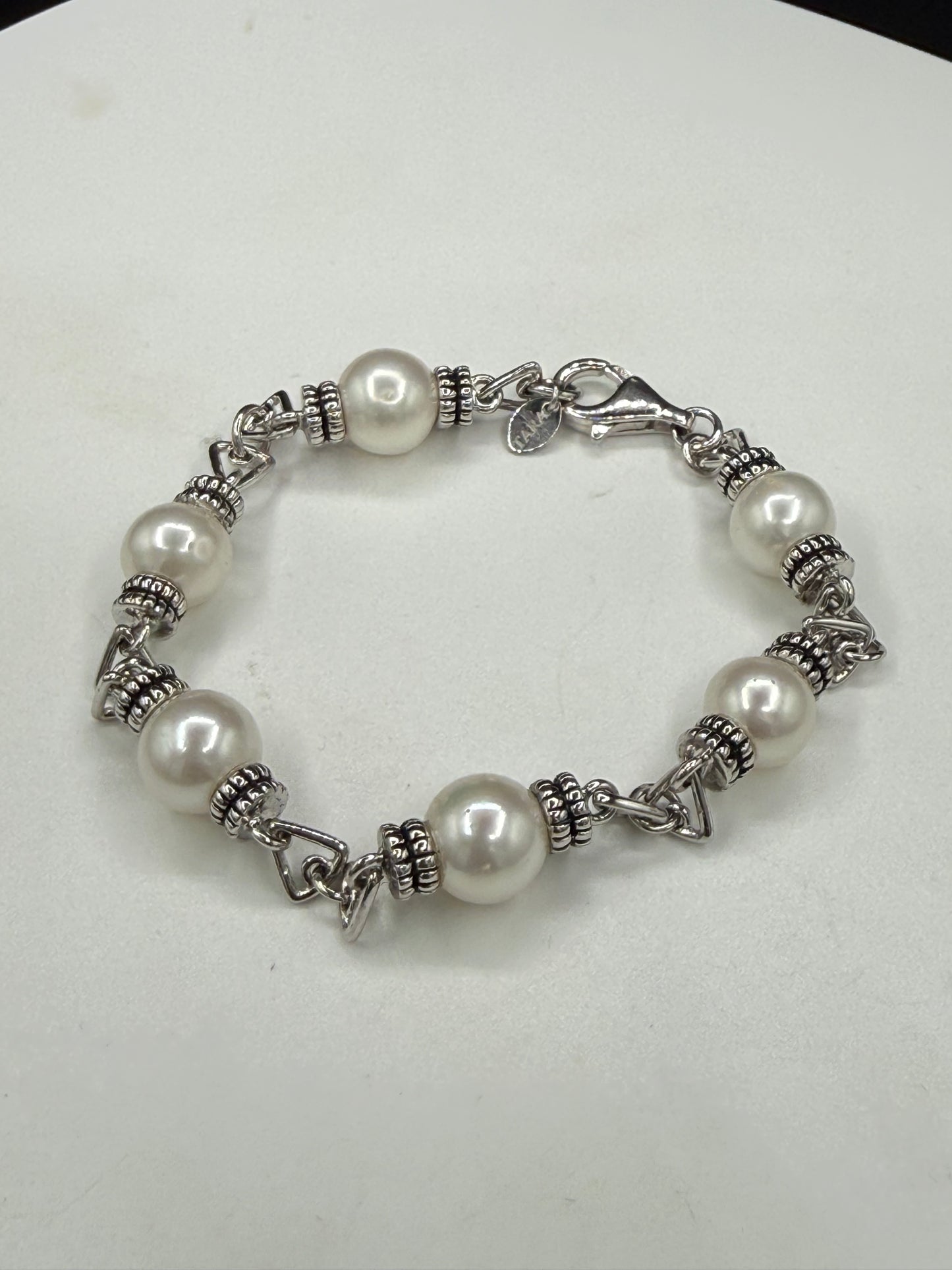 Tara & Sons Cultured Pearl Bracelet | Sterling Silver 925 | Vintage Designer Link Bracelet | 7.75”
