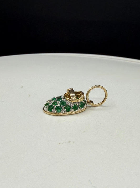 Vintage 14K Gold Emerald Shoe Pendant | Natural Emeralds 0.50 CT | Designer Gold Charm Pendant