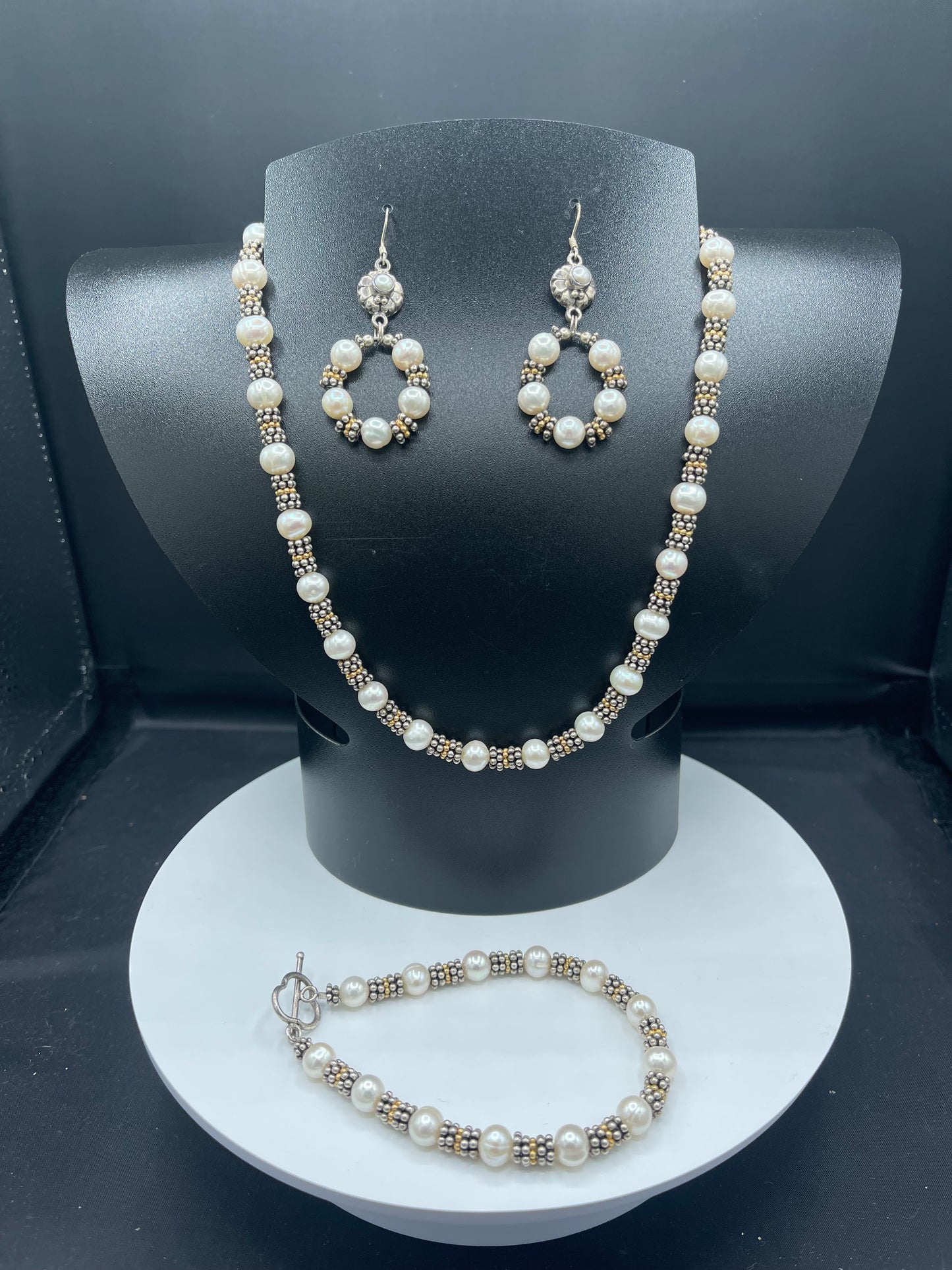 Natural Freshwater Pearl Bali Sterling Silver Bead Handmade Necklace Bracelet & Earring Set