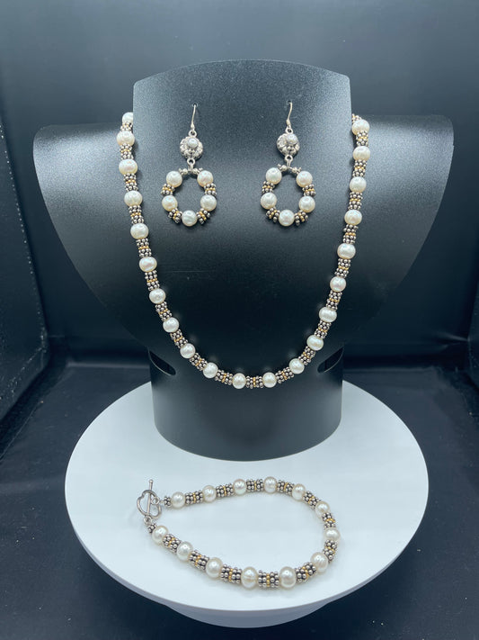 Natural Freshwater Pearl Bali Sterling Silver Bead Handmade Necklace Bracelet & Earring Set