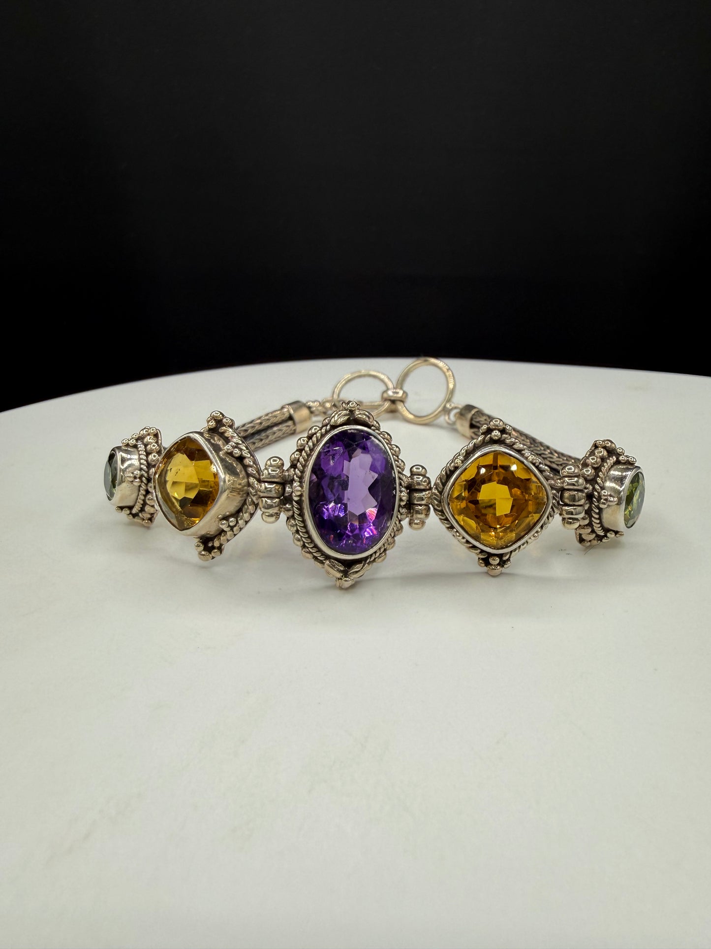 Vintage Natural Amethyst Citrine Peridot Bali Bracelet | Solid 925 Sterling Silver | Adjustable 7–8” | 28.37g