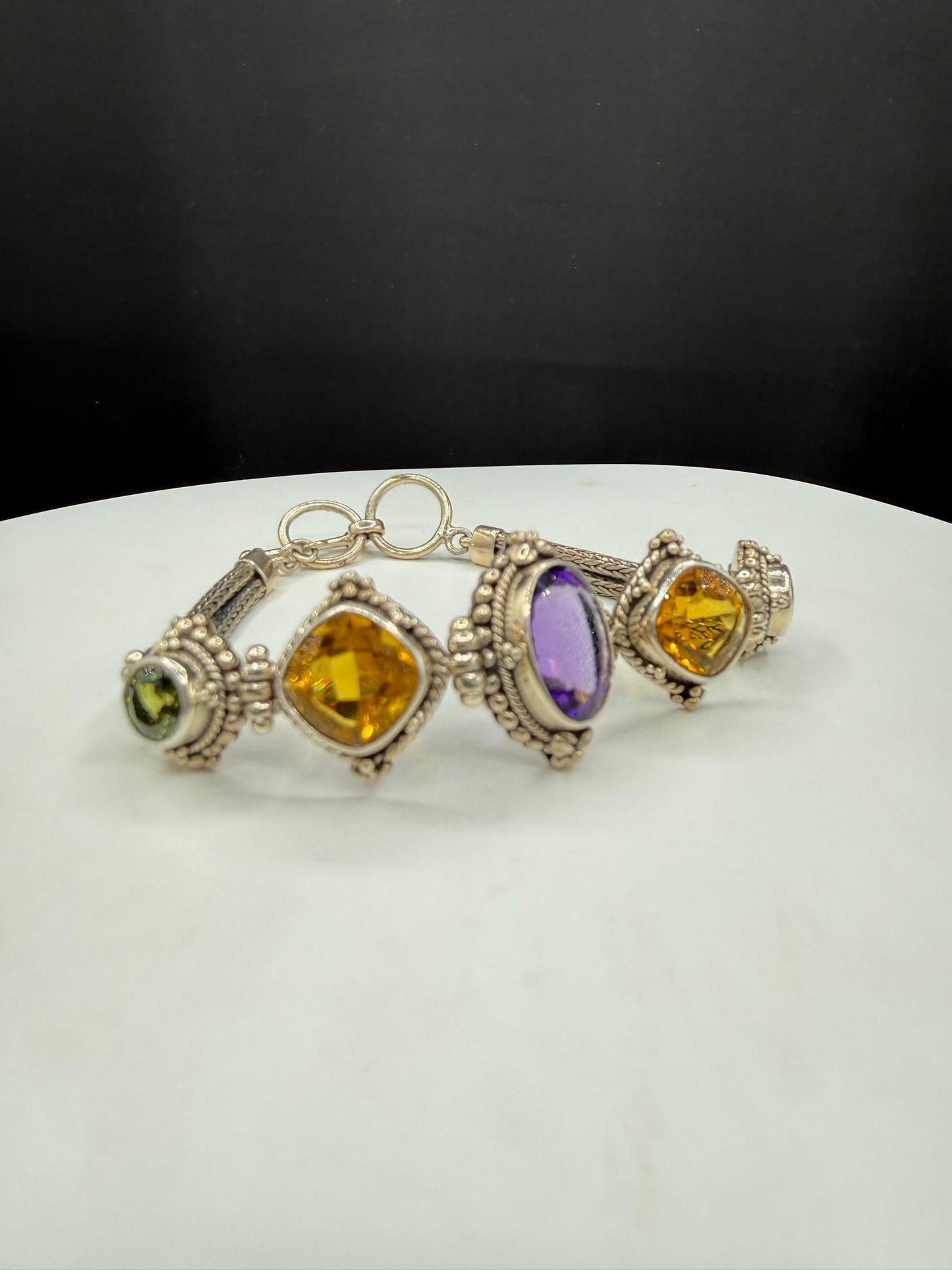 Vintage Natural Amethyst Citrine Peridot Bali Bracelet | Solid 925 Sterling Silver | Adjustable 7–8” | 28.37g