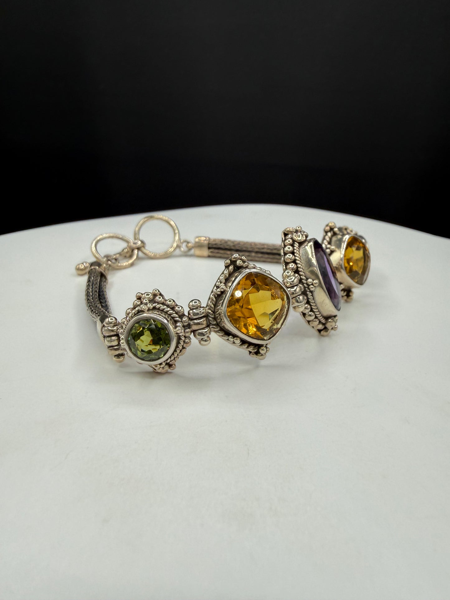 Vintage Natural Amethyst Citrine Peridot Bali Bracelet | Solid 925 Sterling Silver | Adjustable 7–8” | 28.37g