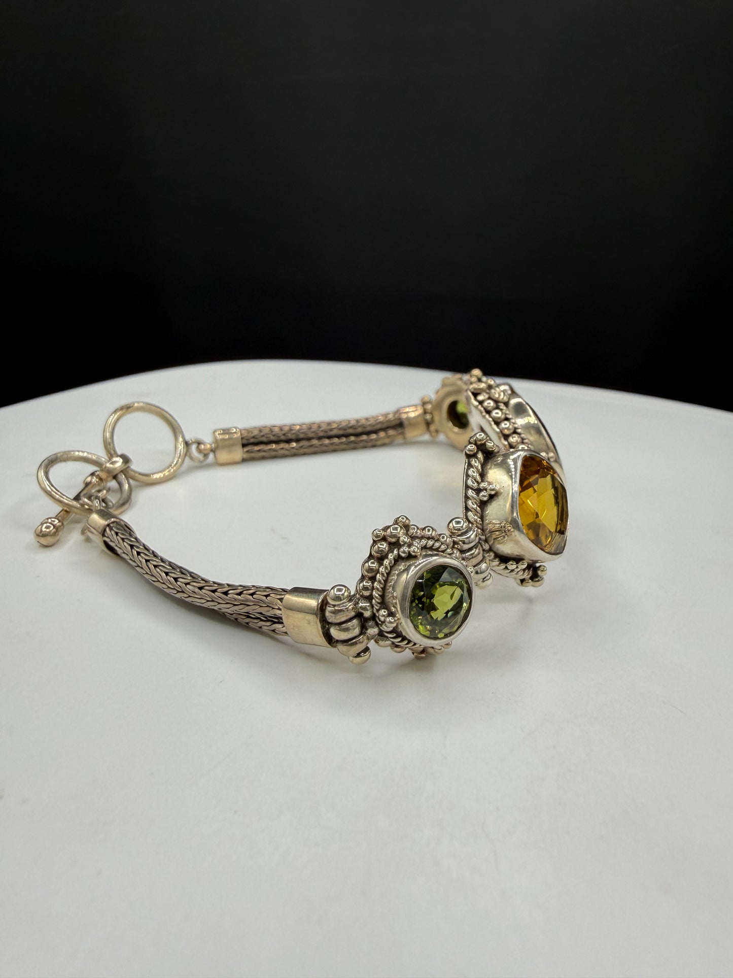 Vintage Natural Amethyst Citrine Peridot Bali Bracelet | Solid 925 Sterling Silver | Adjustable 7–8” | 28.37g